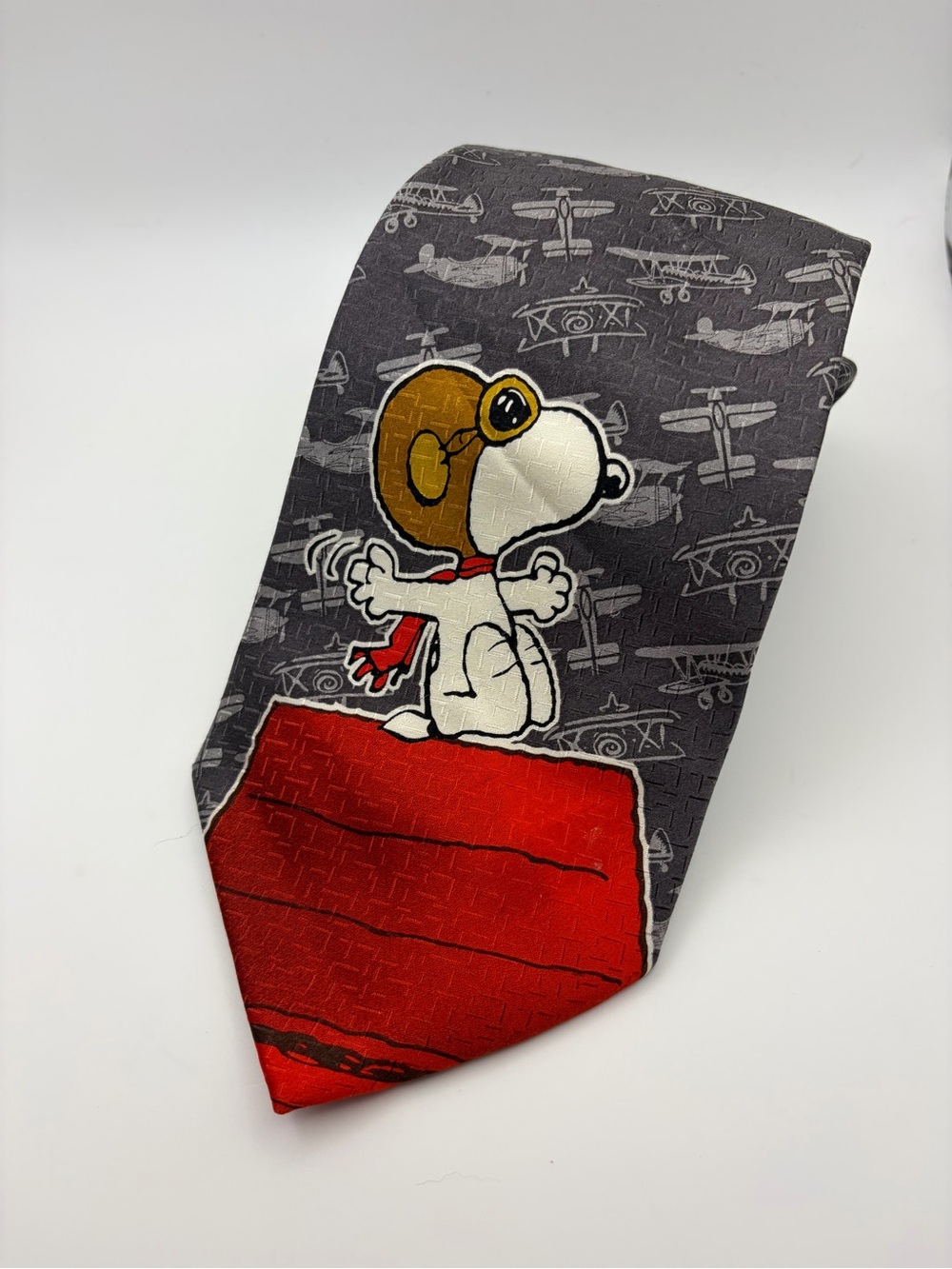 Peanuts Snoopy Flying Ace Silk Tie Gray Airplane Aviation Necktie 3.5”